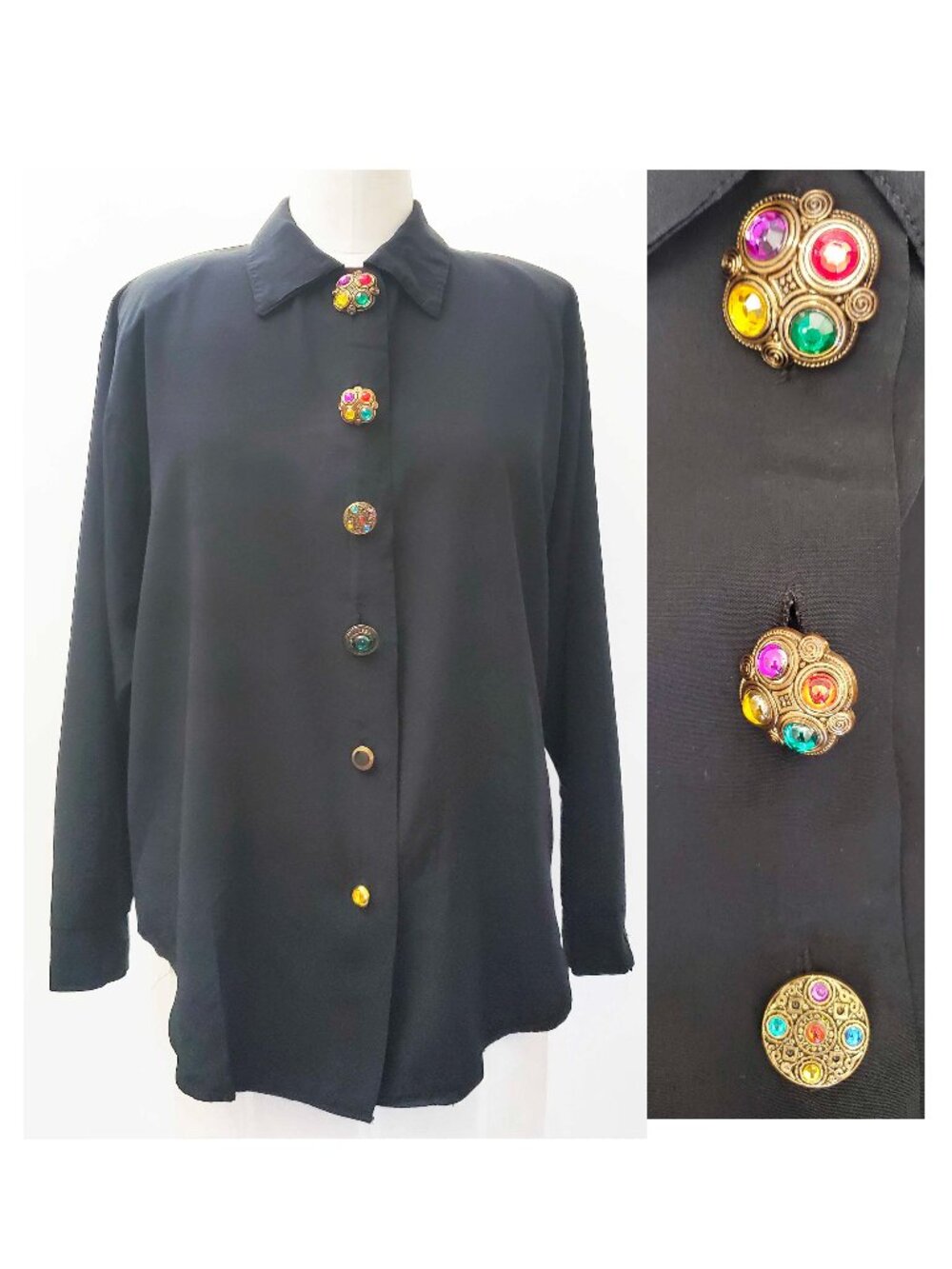 Vintage 80s  Why Not ? Women's Sleek Black Blouse Shirt Top Unique Buttons XL